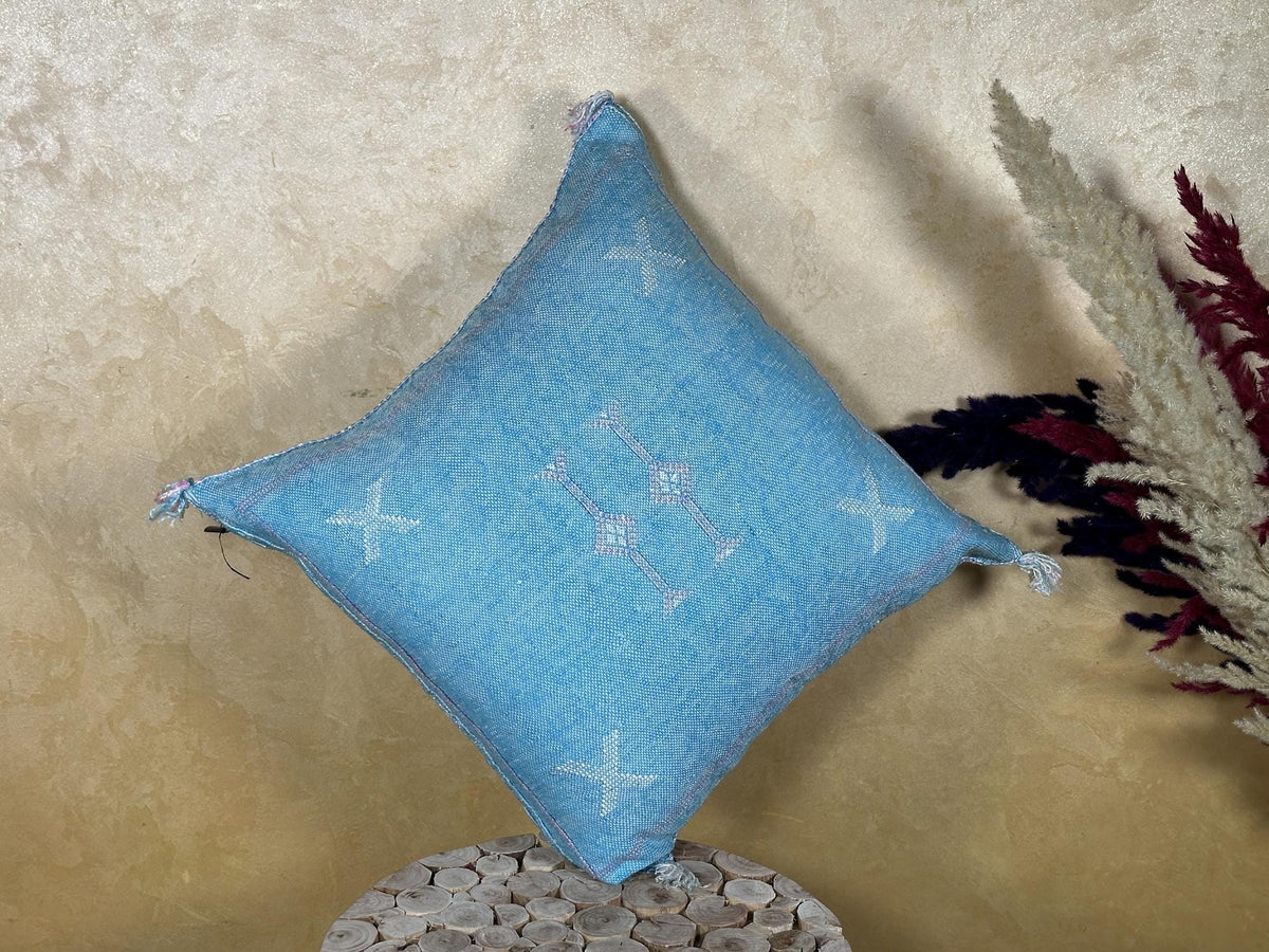 Blue Sabra Cactus Silk Pillow Cover, Handmade Moroccan Boho Pillowcase, Woven Berber Cushion for Sofa Bed - product image 9