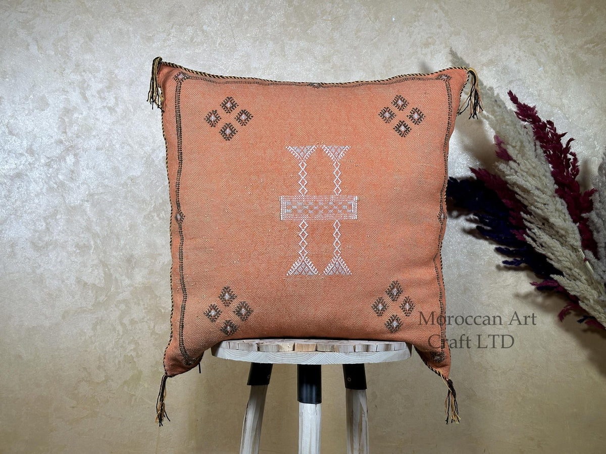 Terracotta Moroccan Cactus Silk Pillow Cover, Handmade Berber Kilim Cushion, Boho Woven Textured Tassel D - product image 1