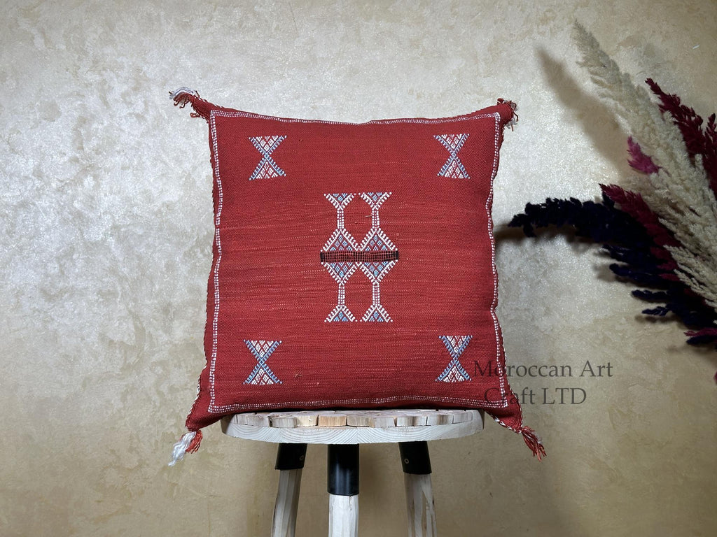 Red Kilim Pillow Cover, Moroccan Cactus Silk Boho Cushion, Embroidered Pillowcase, Handmade Throw Pillow - product image 1