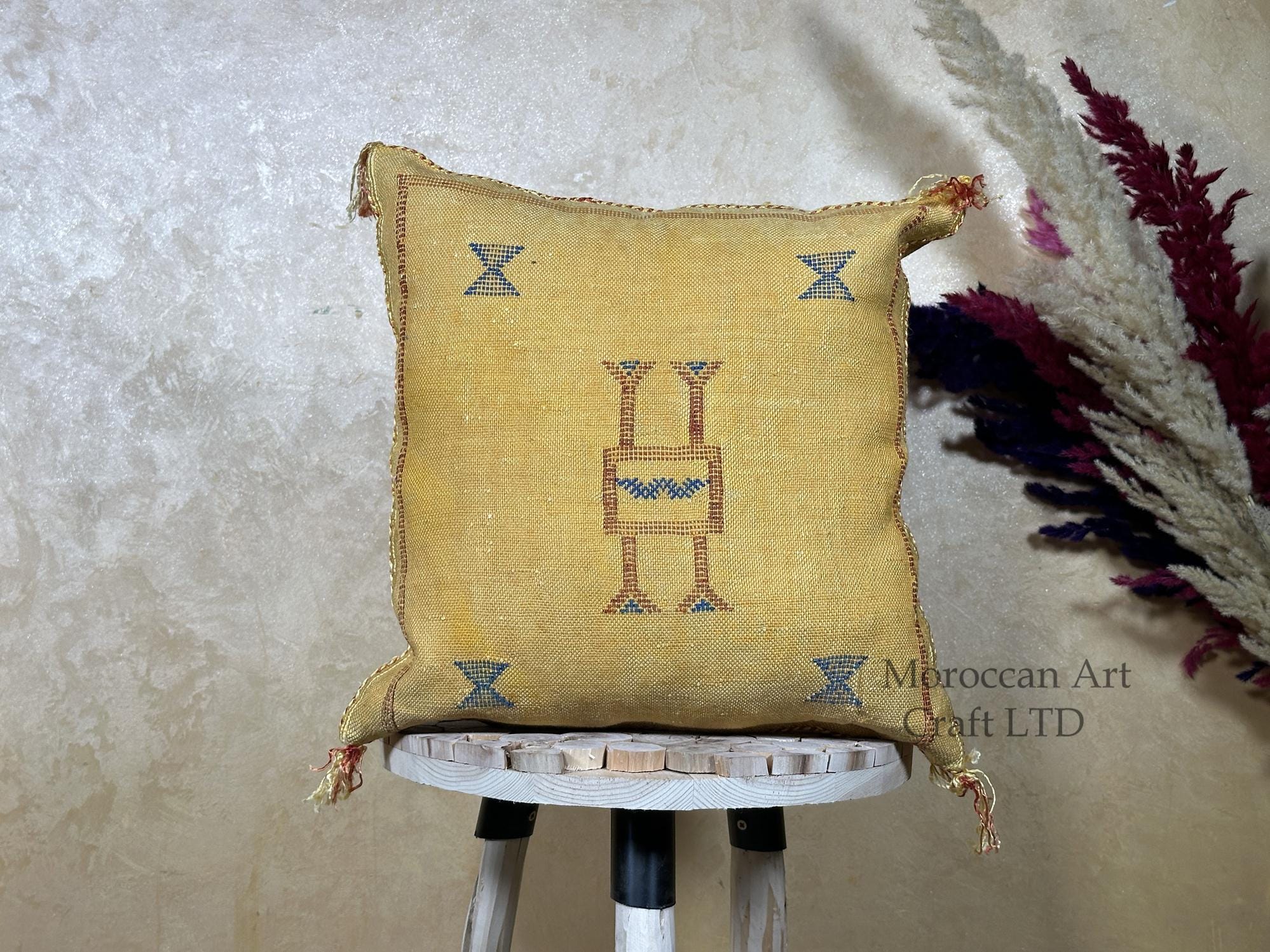 Gold Moroccan Pillow Cover, Handmade Boho Cushion, Textured Silk Pillowcase, Blue Geo Accent Decor for So - product image 1