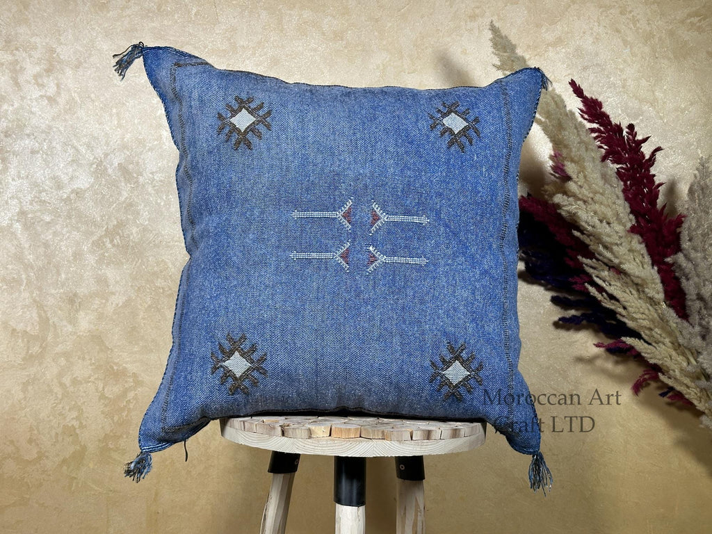 Blue Sabra Pillow Cover, Handmade Moroccan Boho Cushion, Embroidered Silk Pillowcase, Luxury Sofa Bed Dec - product image 1