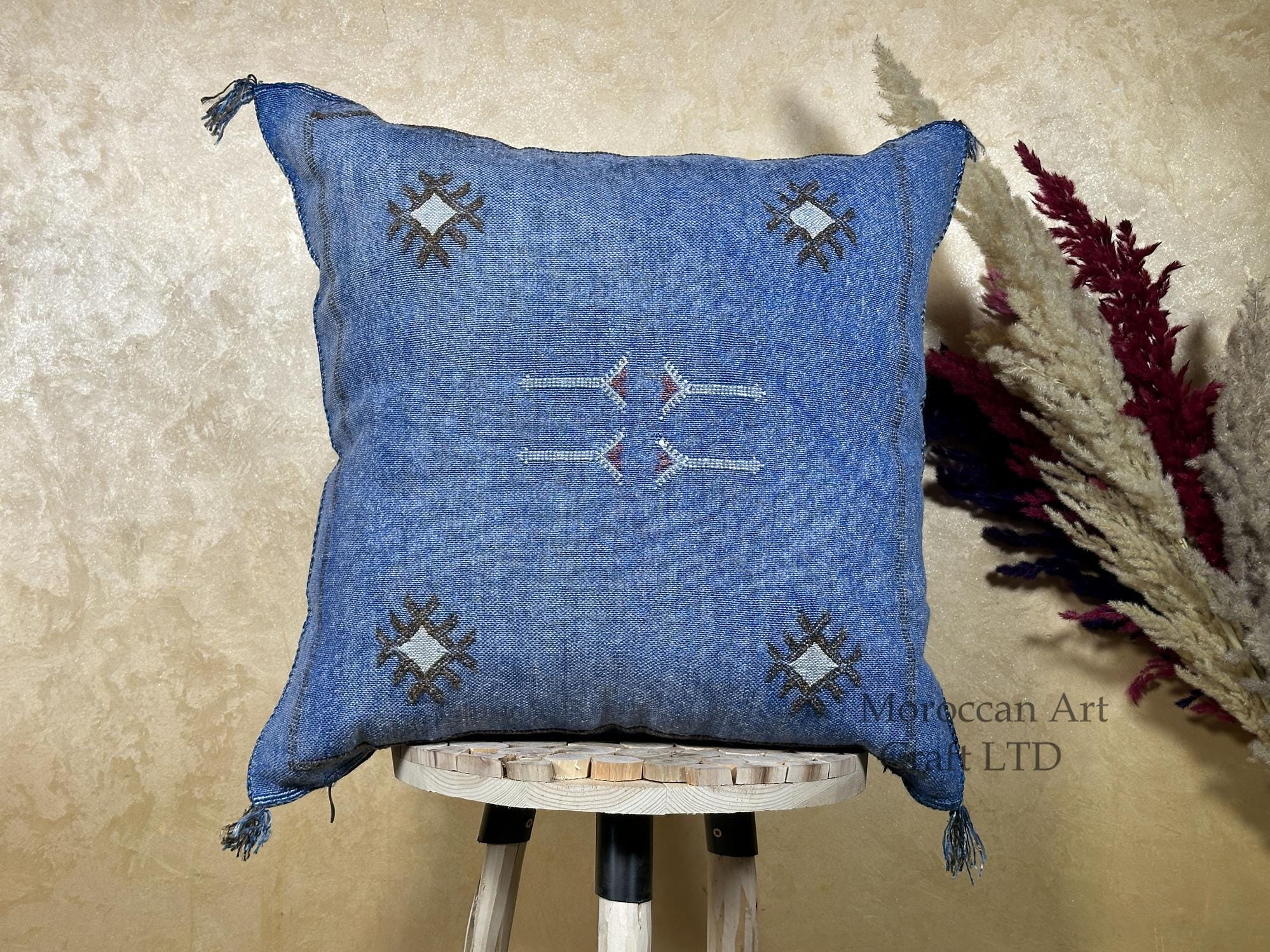 Blue Sabra Pillow Cover, Handmade Moroccan Boho Cushion, Embroidered Silk Pillowcase, Luxury Sofa Bed Dec - product image 1
