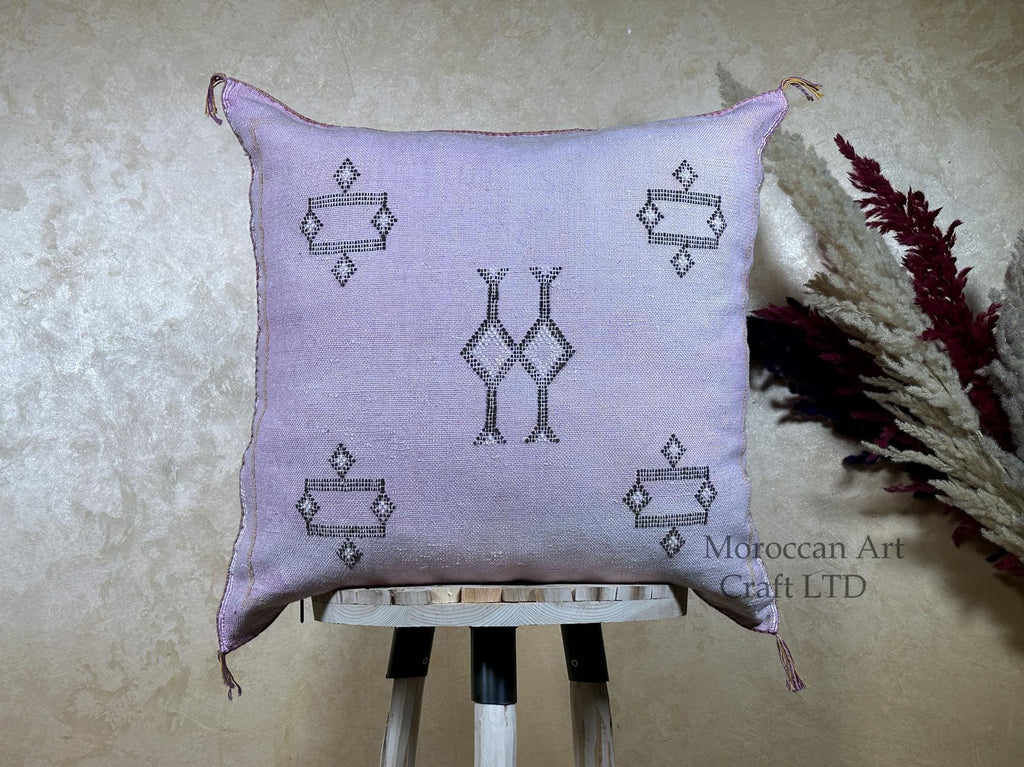 Lavender Sabra Silk Pillow Cover, Handmade Moroccan Boho Cushion, Geometric Embroidered Euro Sham, Luxury - product image 1