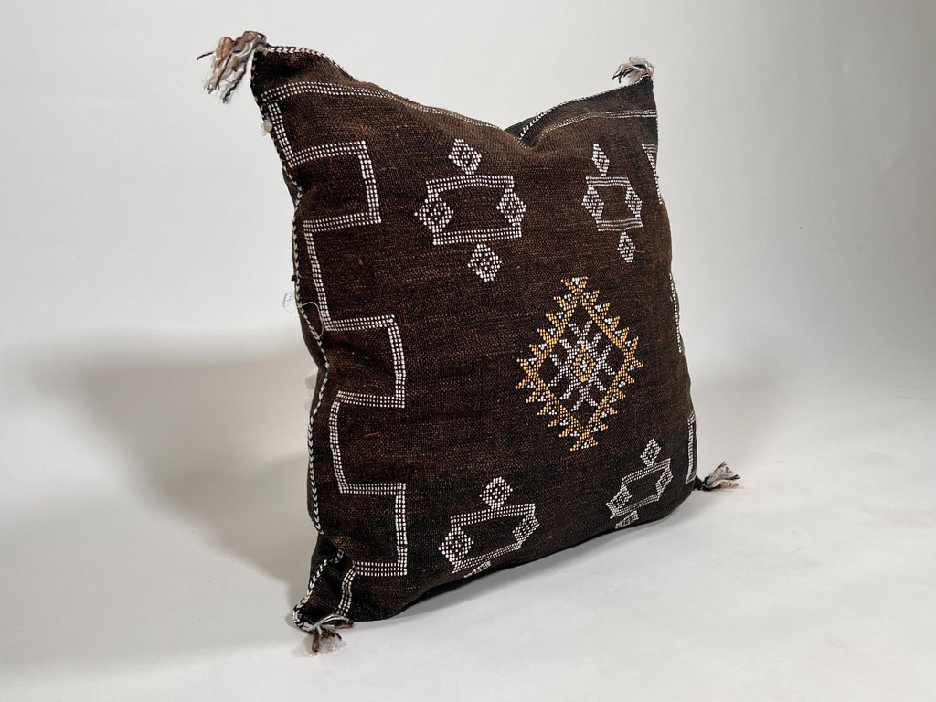 Handmade Moroccan Dark Brown Silk Pillow Cover, Boho Sabra Cactus Silk Cushion with White Gold Embroidery - product image 5