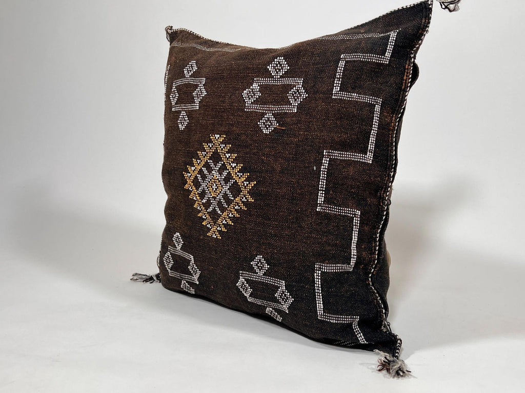 Handmade Moroccan Dark Brown Silk Pillow Cover, Boho Sabra Cactus Silk Cushion with White Gold Embroidery - product image 4