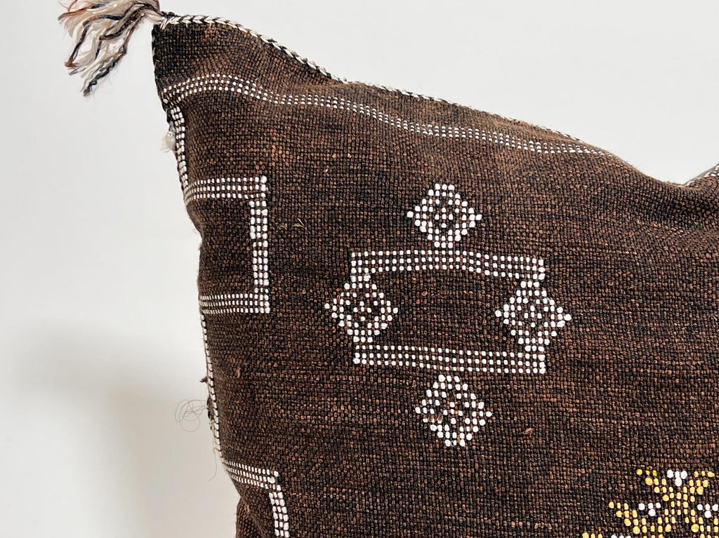 Handmade Moroccan Dark Brown Silk Pillow Cover, Boho Sabra Cactus Silk Cushion with White Gold Embroidery - product image 2