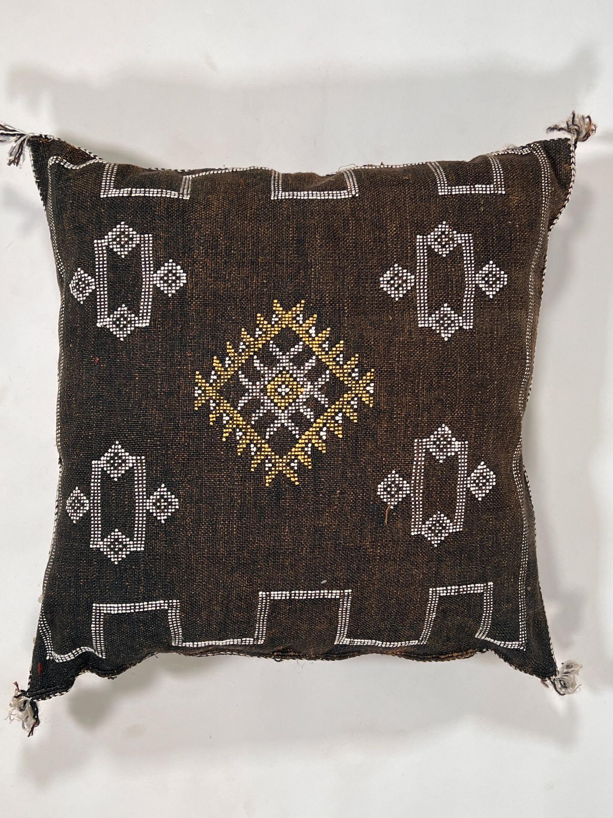 Handmade Moroccan Dark Brown Silk Pillow Cover, Boho Sabra Cactus Silk Cushion with White Gold Embroidery - product image 6
