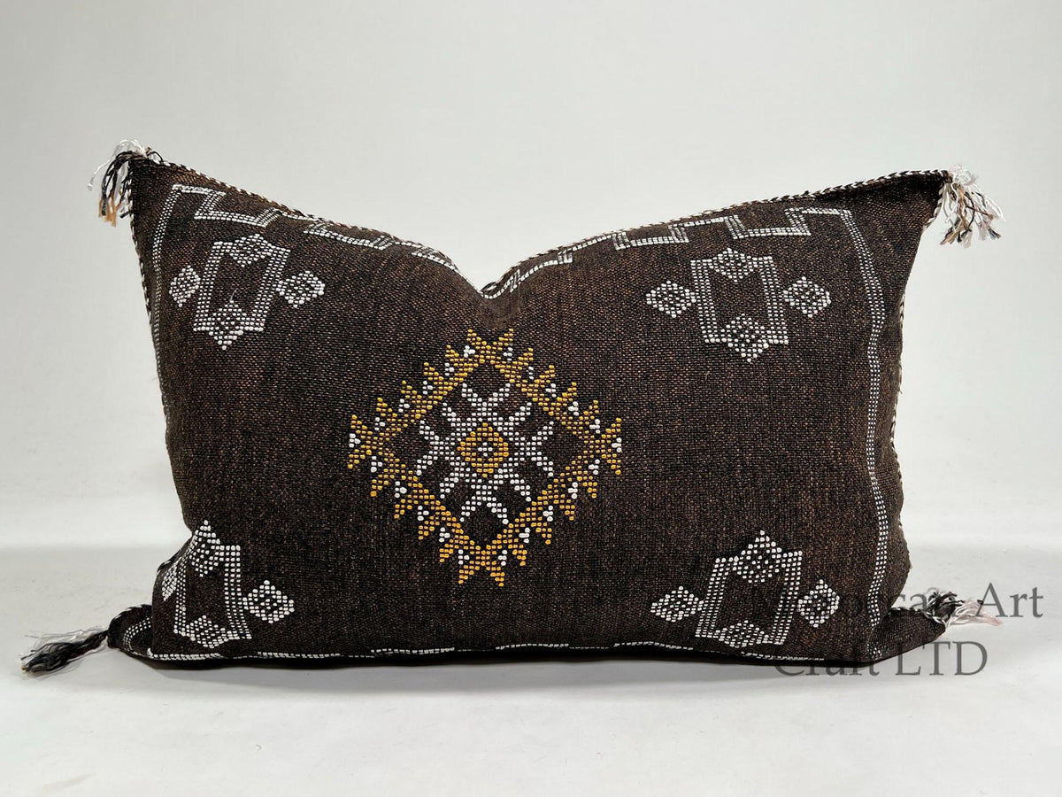 Handmade Moroccan Brown Silk Pillow Cover, Boho Cactus Silk Sabra Berber Lumbar Pillow With White Gold Ge - product image 1