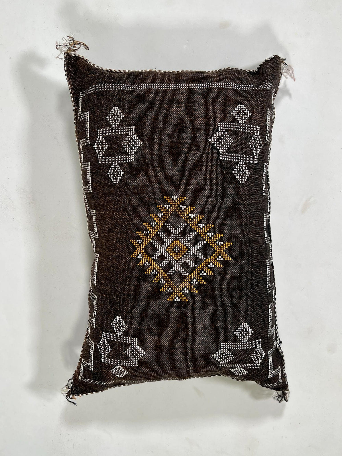 Handmade Moroccan Brown Silk Pillow Cover, Boho Cactus Silk Sabra Berber Lumbar Pillow With White Gold Ge - product image 4