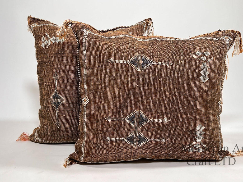 Luxury Brown Moroccan Silk Pillow Cover, Handmade Boho Cactus Silk Cushion, Tribal Diamond Decor, Custom - product image 1