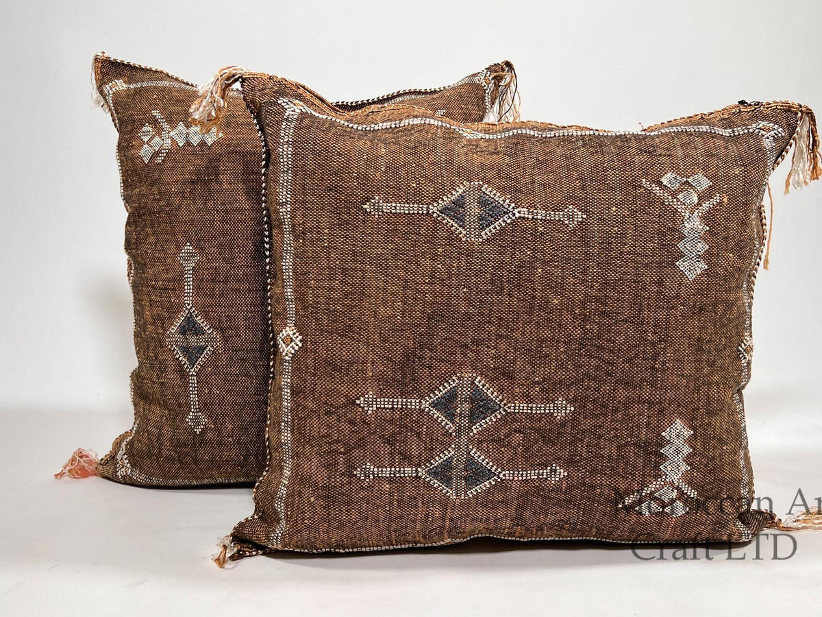 Luxury Brown Moroccan Silk Pillow Cover, Handmade Boho Cactus Silk Cushion, Tribal Diamond Decor, Custom - product image 1