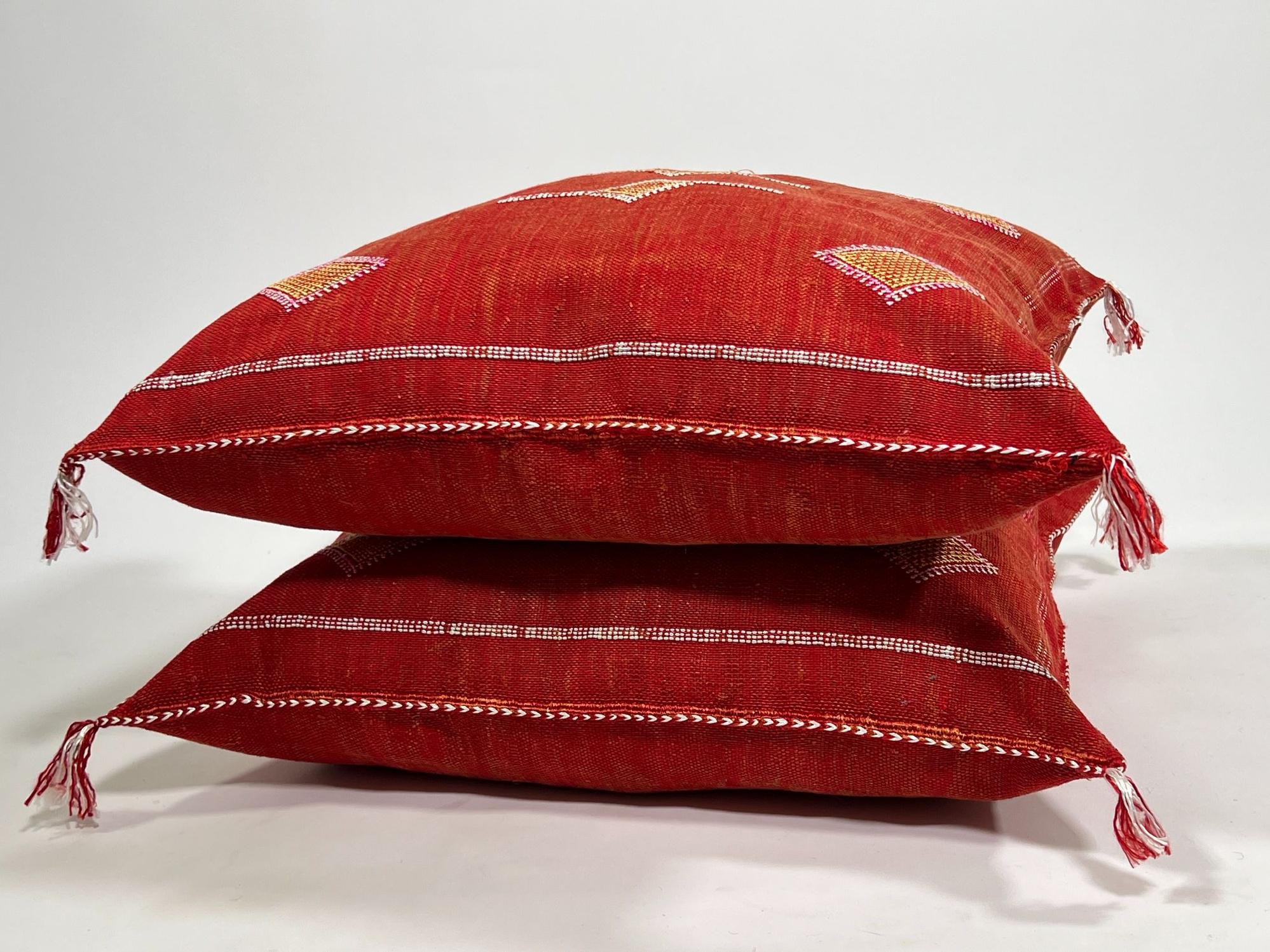 Red Moroccan Silk Pillow Cover, Handmade Cactus Silk Sabra Cushion, Boho Kilim Diamond Embroidery, Artisa - product image 5