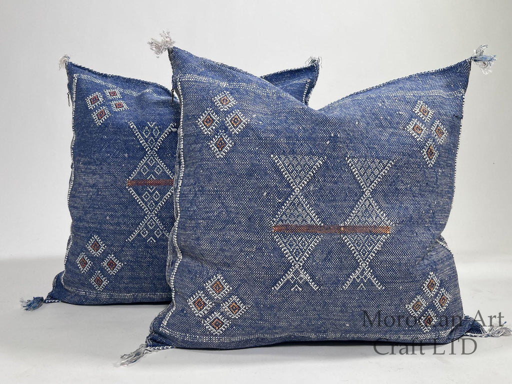 Handmade Moroccan Navy Blue Silk Pillow Cover, Boho Cactus Silk Sabra Cushion, Tribal Diamond Embroidery - product image 1