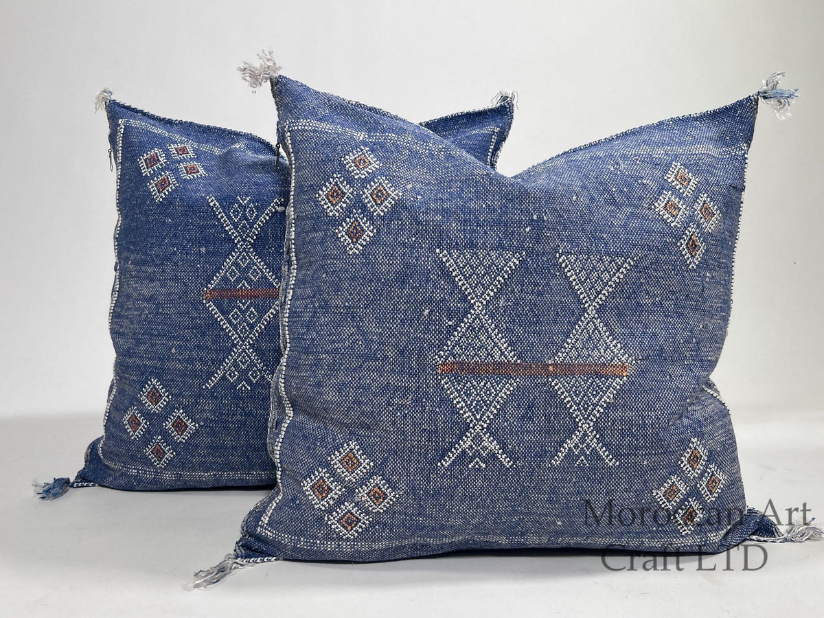 Handmade Moroccan Navy Blue Silk Pillow Cover, Boho Cactus Silk Sabra Cushion, Tribal Diamond Embroidery - product image 1