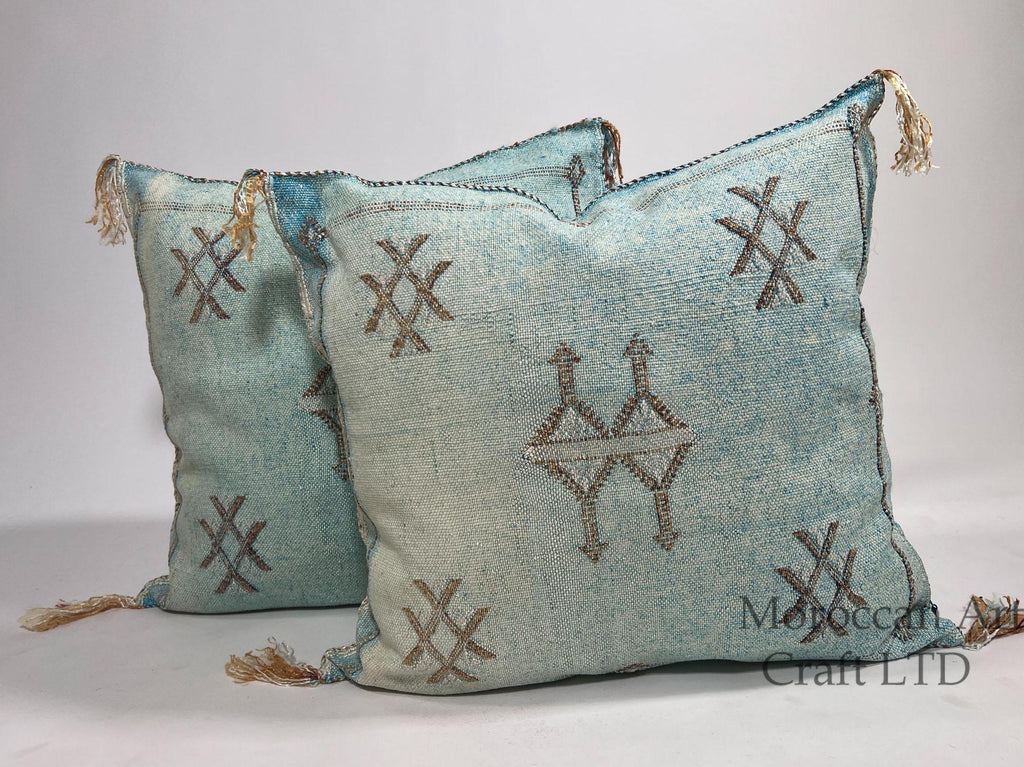 Light Blue Moroccan Silk Pillow Cover, Handmade Cactus Silk Sabra Cushion, Amazigh Berber Boho Throw Pill - product image 1