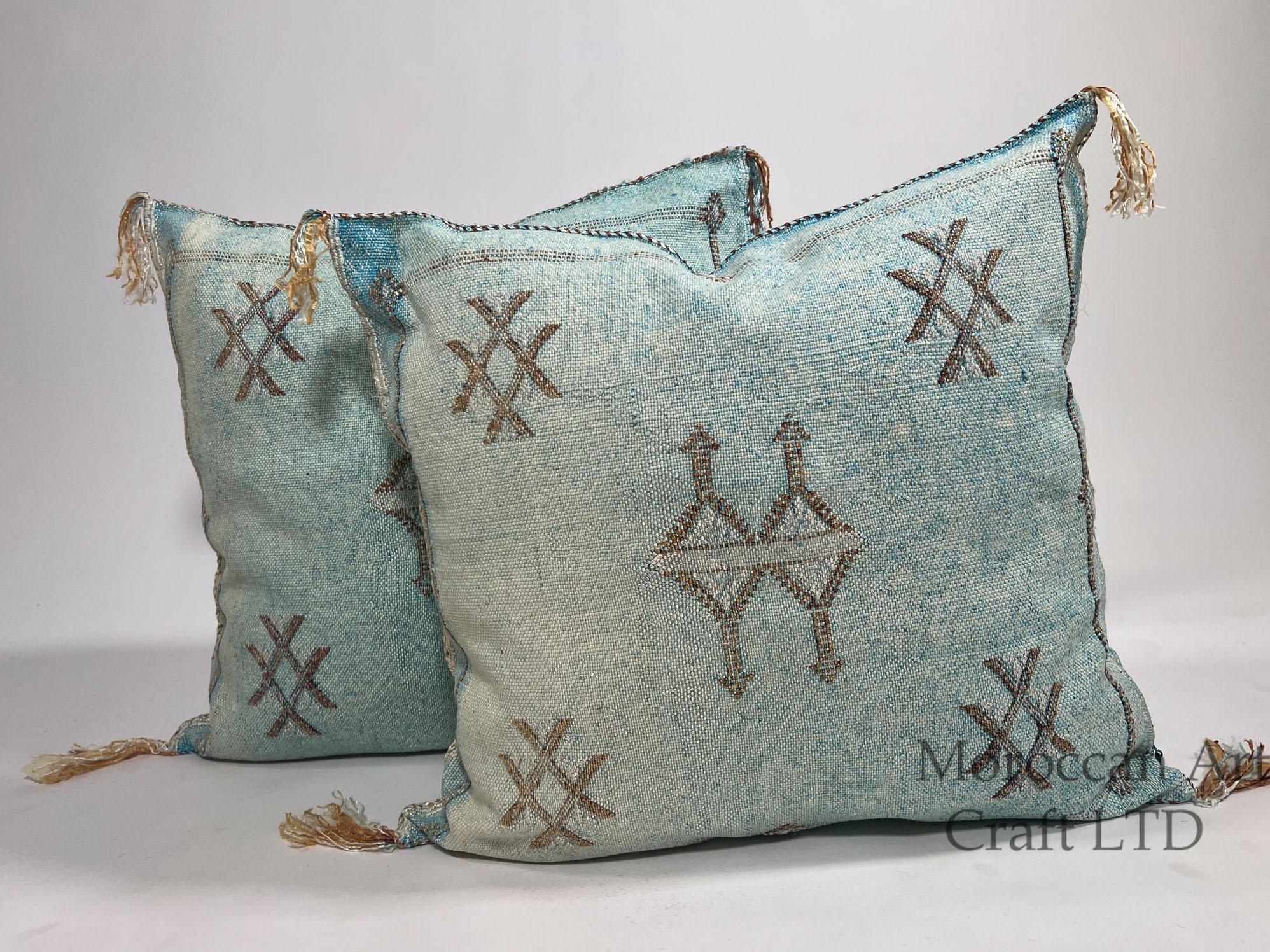 Light Blue Moroccan Silk Pillow Cover, Handmade Cactus Silk Sabra Cushion, Amazigh Berber Boho Throw Pill - product image 1