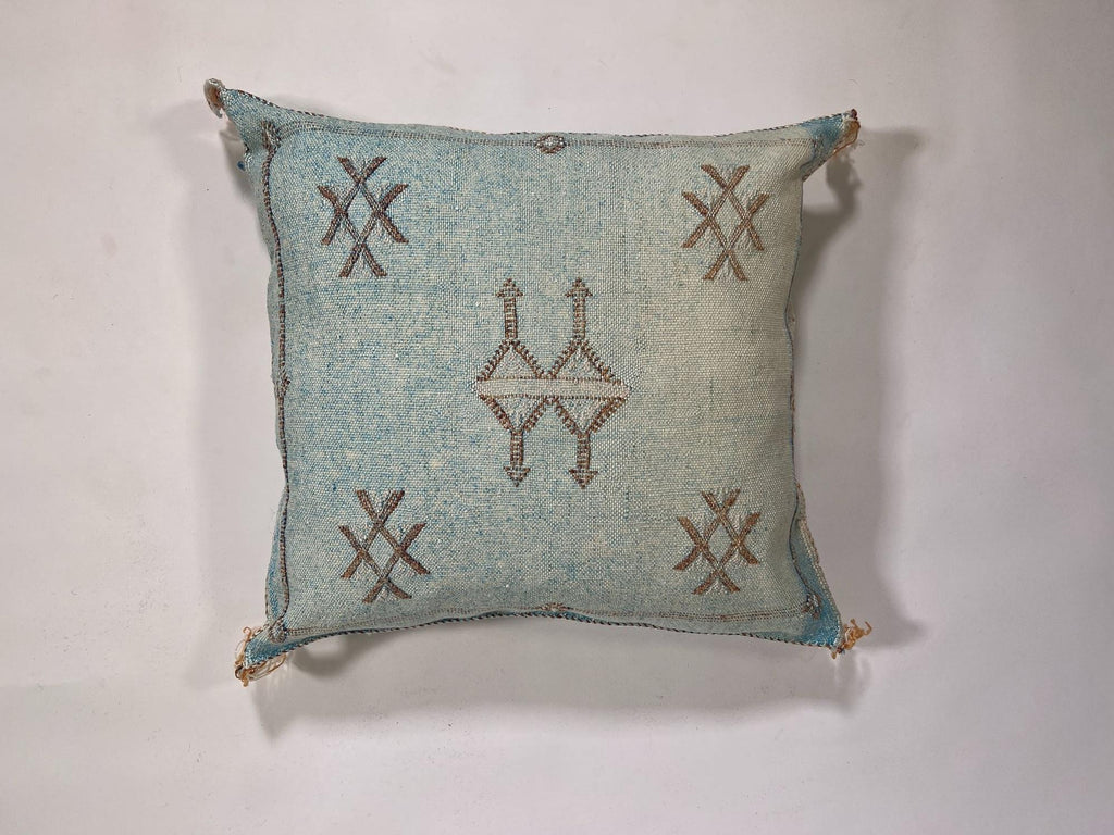 Light Blue Moroccan Silk Pillow Cover, Handmade Cactus Silk Sabra Cushion, Amazigh Berber Boho Throw Pill - product image 5