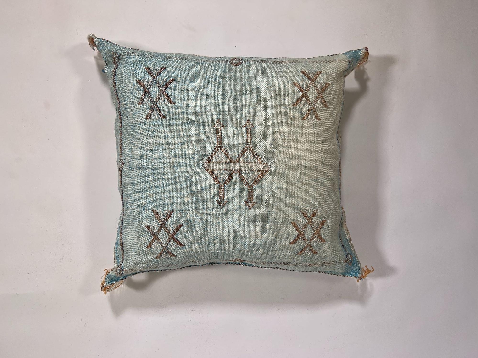 Light Blue Moroccan Silk Pillow Cover, Handmade Cactus Silk Sabra Cushion, Amazigh Berber Boho Throw Pill - product image 5