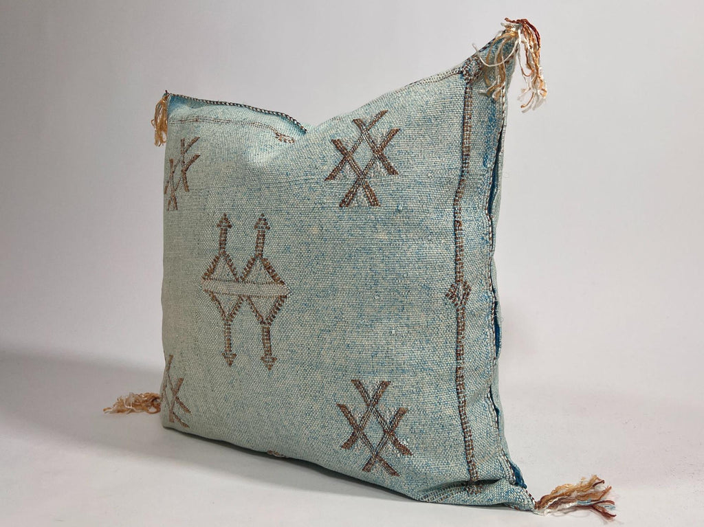 Light Blue Moroccan Silk Pillow Cover, Handmade Cactus Silk Sabra Cushion, Amazigh Berber Boho Throw Pill - product image 3
