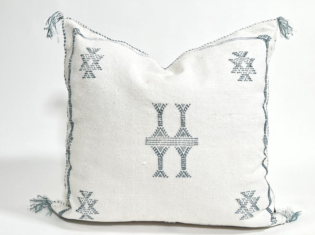 Handmade Moroccan Silk Pillow Cover, Cream Boho Cactus Silk Sabra Pillowcase with Teal Tribal Embroidery - product image 2