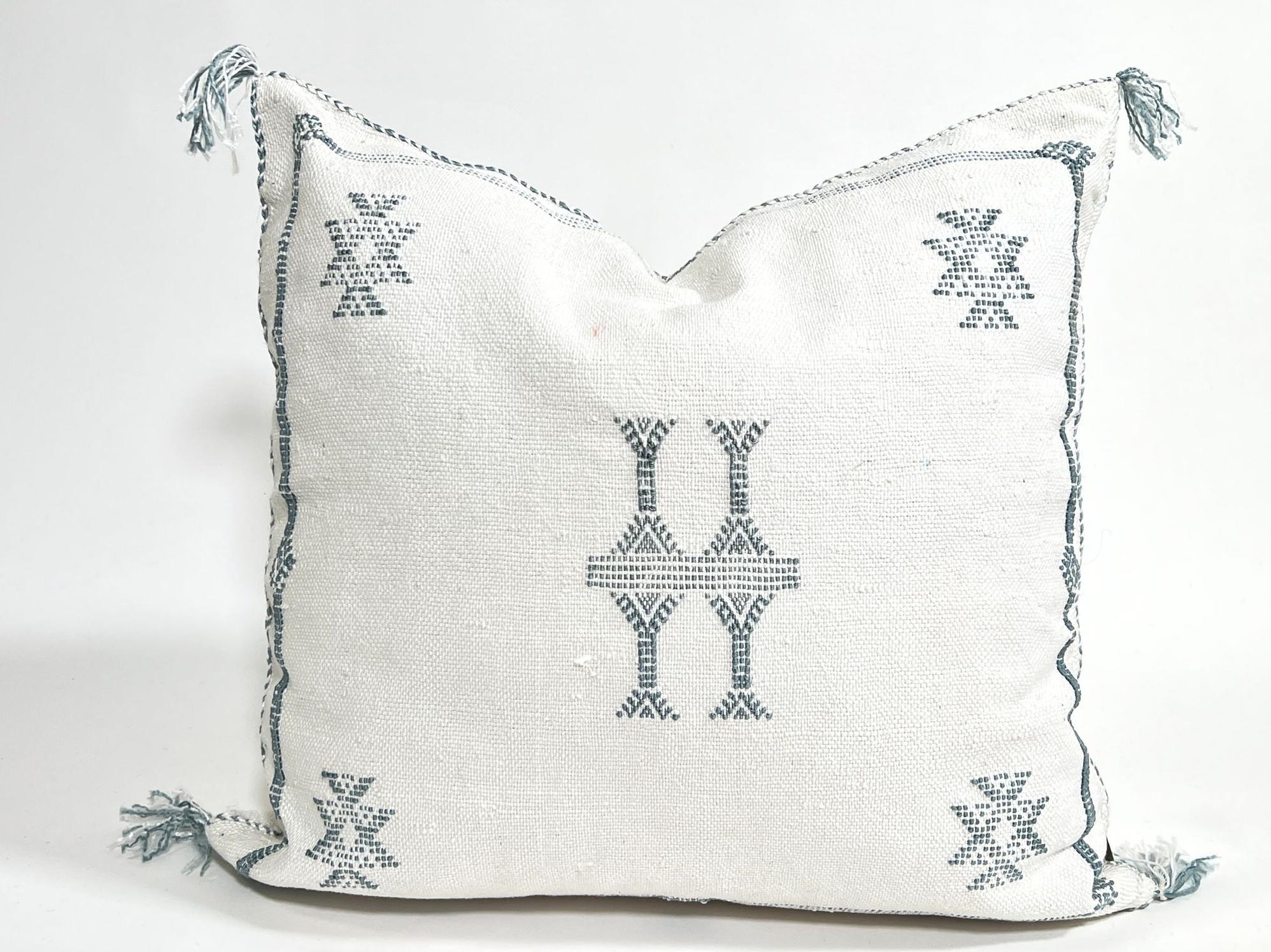 Handmade Moroccan Silk Pillow Cover, Cream Boho Cactus Silk Sabra Pillowcase with Teal Tribal Embroidery - product image 2