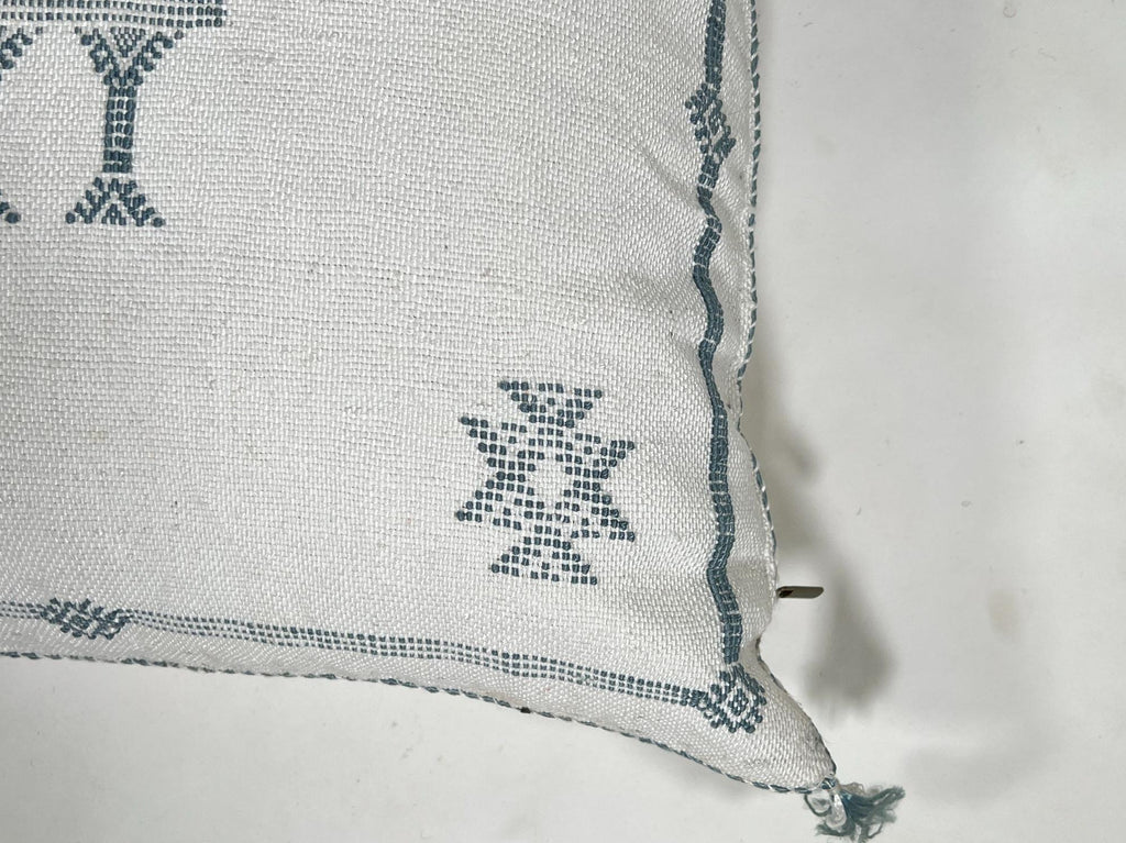 Handmade Moroccan Silk Pillow Cover, Cream Boho Cactus Silk Sabra Pillowcase with Teal Tribal Embroidery - product image 4