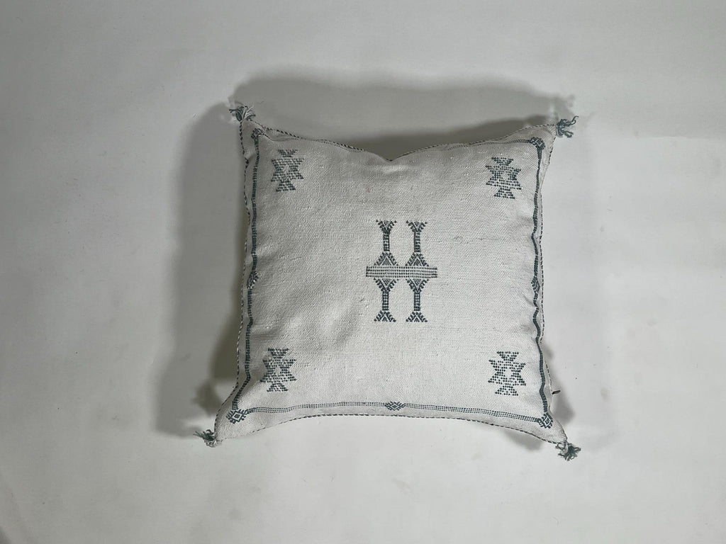 Handmade Moroccan Silk Pillow Cover, Cream Boho Cactus Silk Sabra Pillowcase with Teal Tribal Embroidery - product image 6