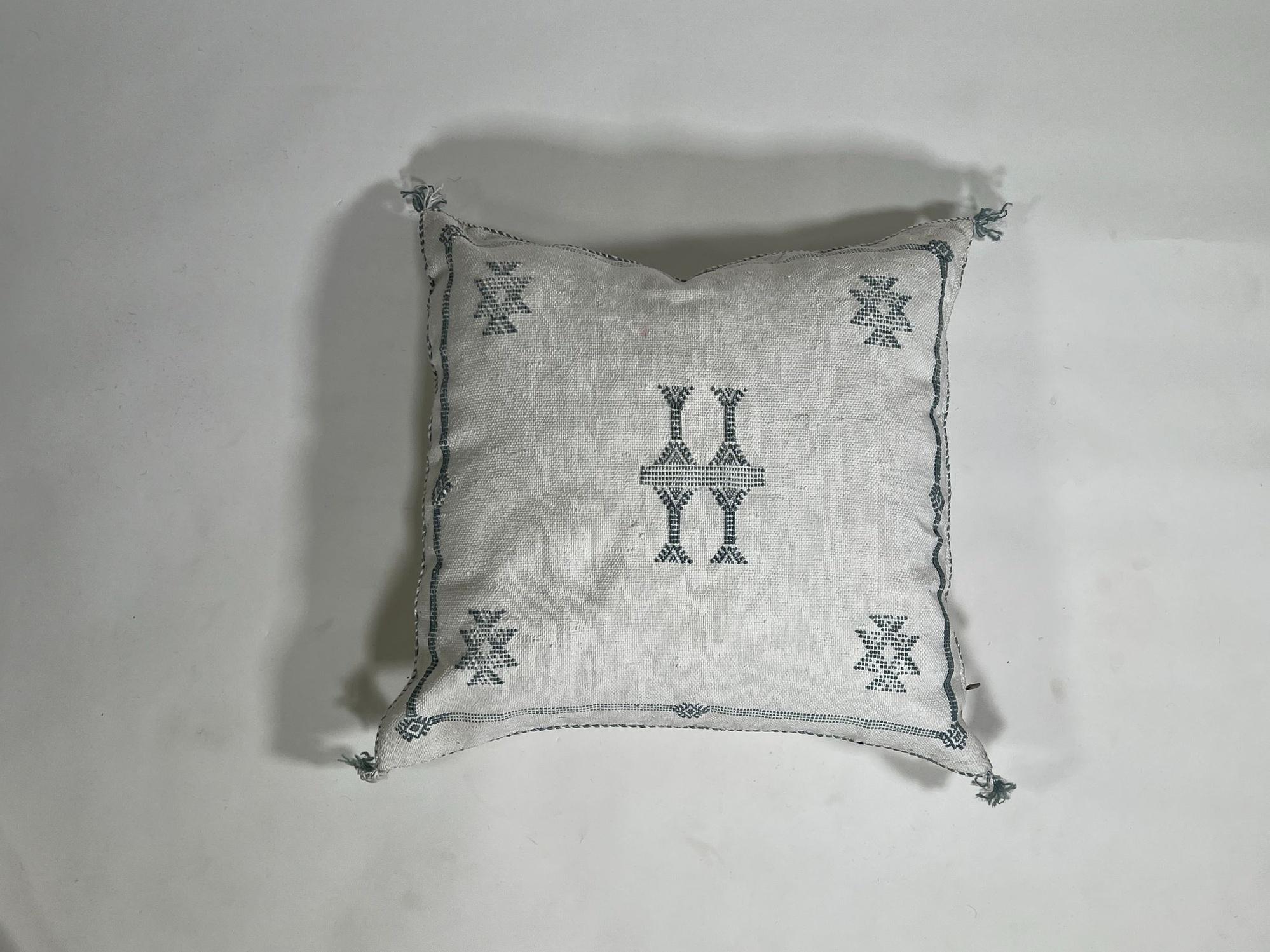 Handmade Moroccan Silk Pillow Cover, Cream Boho Cactus Silk Sabra Pillowcase with Teal Tribal Embroidery - product image 6