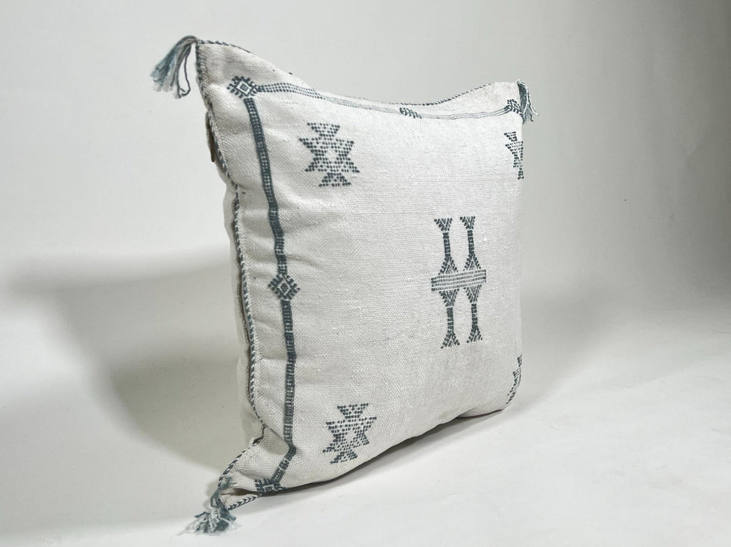 Handmade Moroccan Silk Pillow Cover, Cream Boho Cactus Silk Sabra Pillowcase with Teal Tribal Embroidery - product image 9