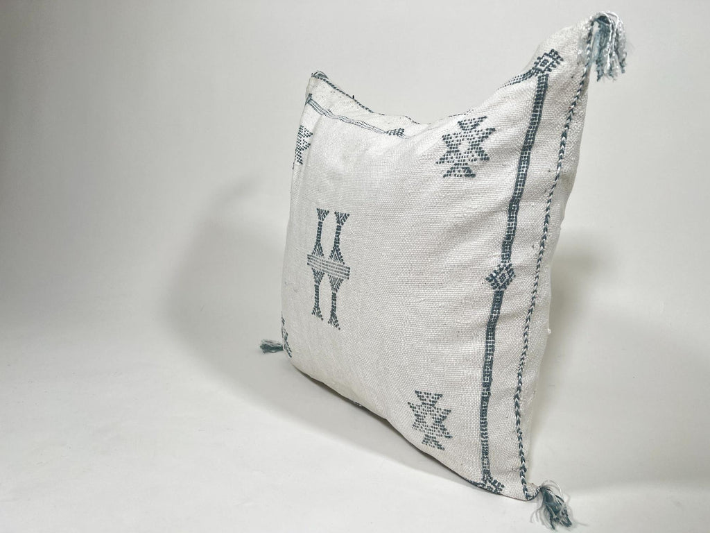 Handmade Moroccan Silk Pillow Cover, Cream Boho Cactus Silk Sabra Pillowcase with Teal Tribal Embroidery - product image 10