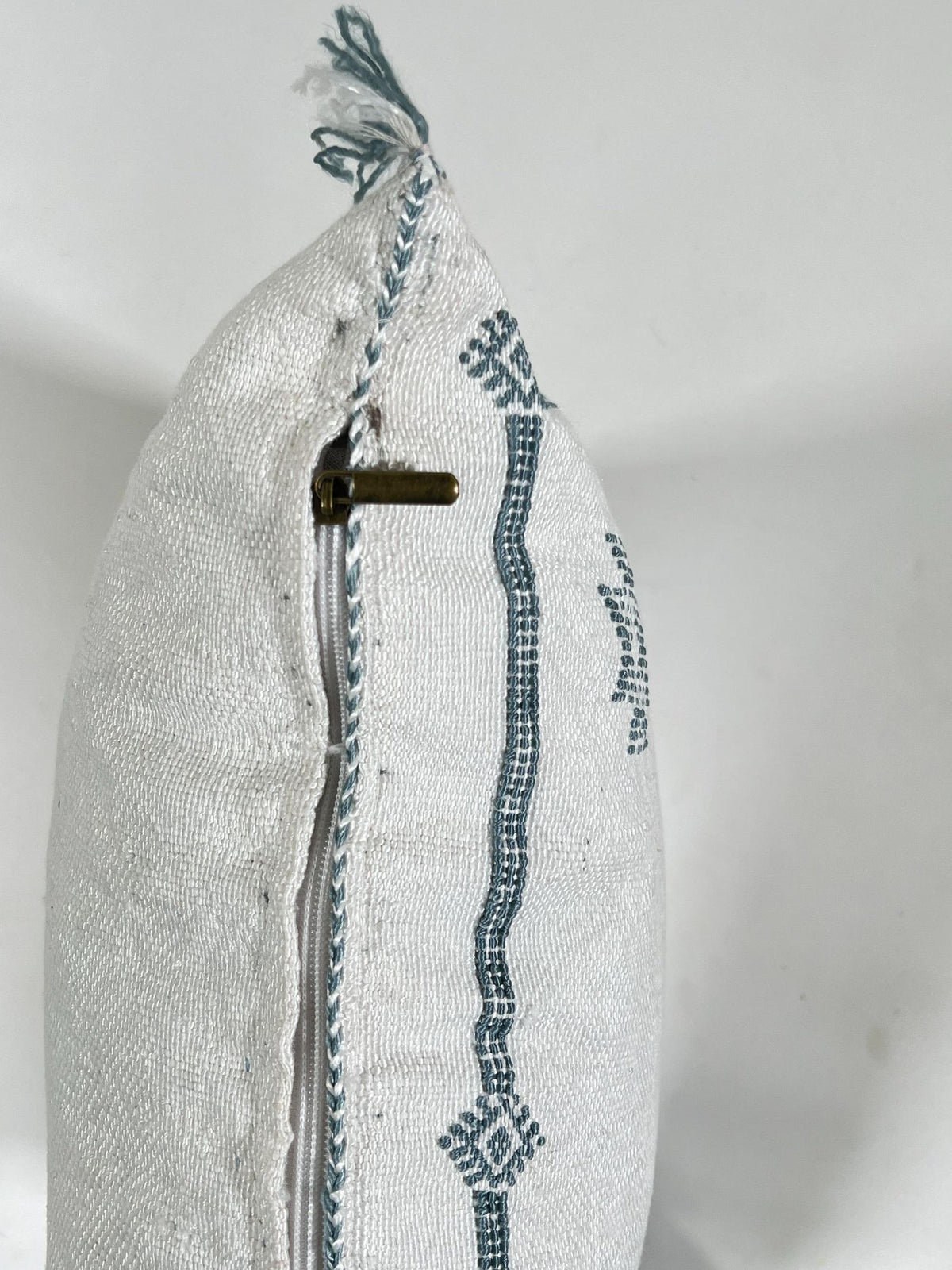 Handmade Moroccan Silk Pillow Cover, Cream Boho Cactus Silk Sabra Pillowcase with Teal Tribal Embroidery - product image 8