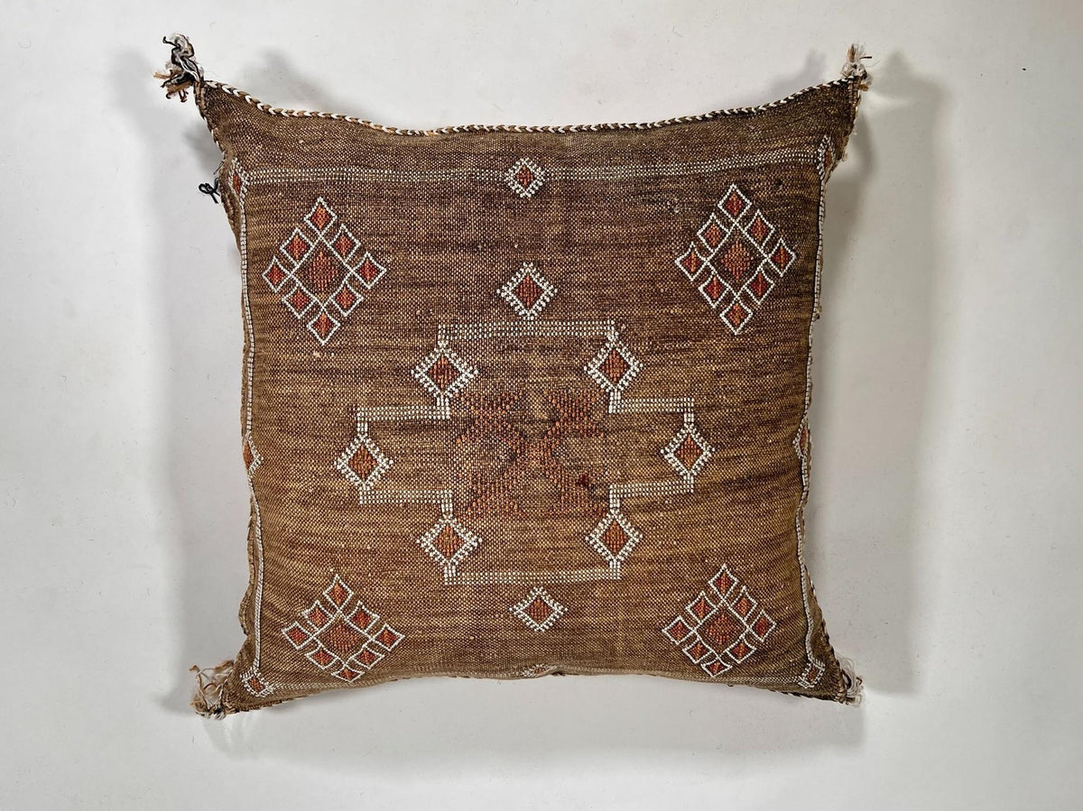 Handmade Moroccan silk pillow cover, brown boho cactus silk sabra cushion with white rust diamond embroid - product image 5