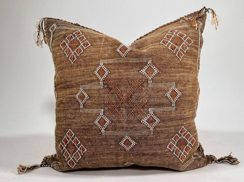 Handmade Moroccan silk pillow cover, brown boho cactus silk sabra cushion with white rust diamond embroid - product image 2