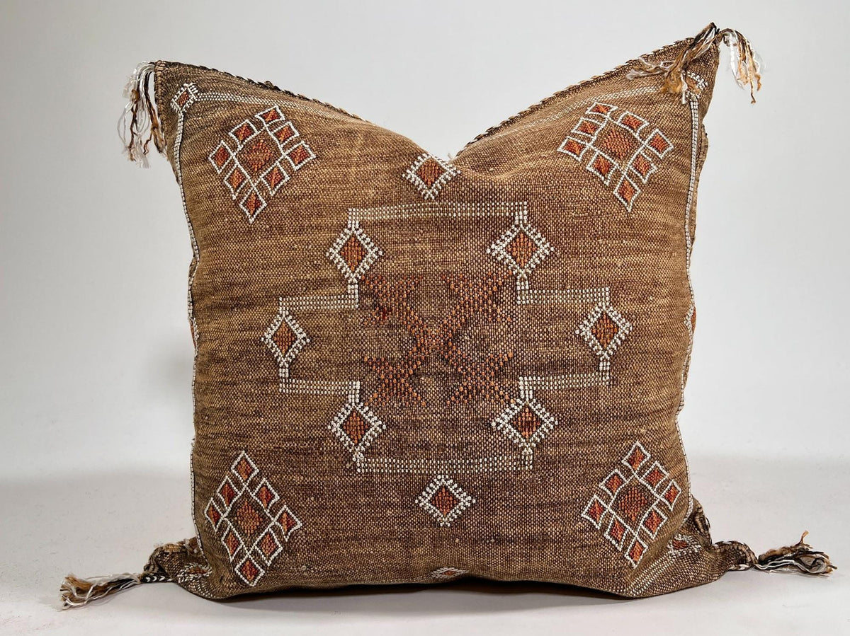 Handmade Moroccan silk pillow cover, brown boho cactus silk sabra cushion with white rust diamond embroid - product image 2