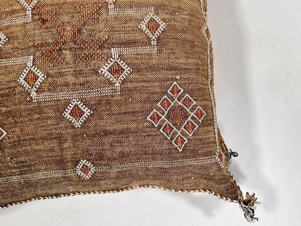 Handmade Moroccan silk pillow cover, brown boho cactus silk sabra cushion with white rust diamond embroid - product image 6