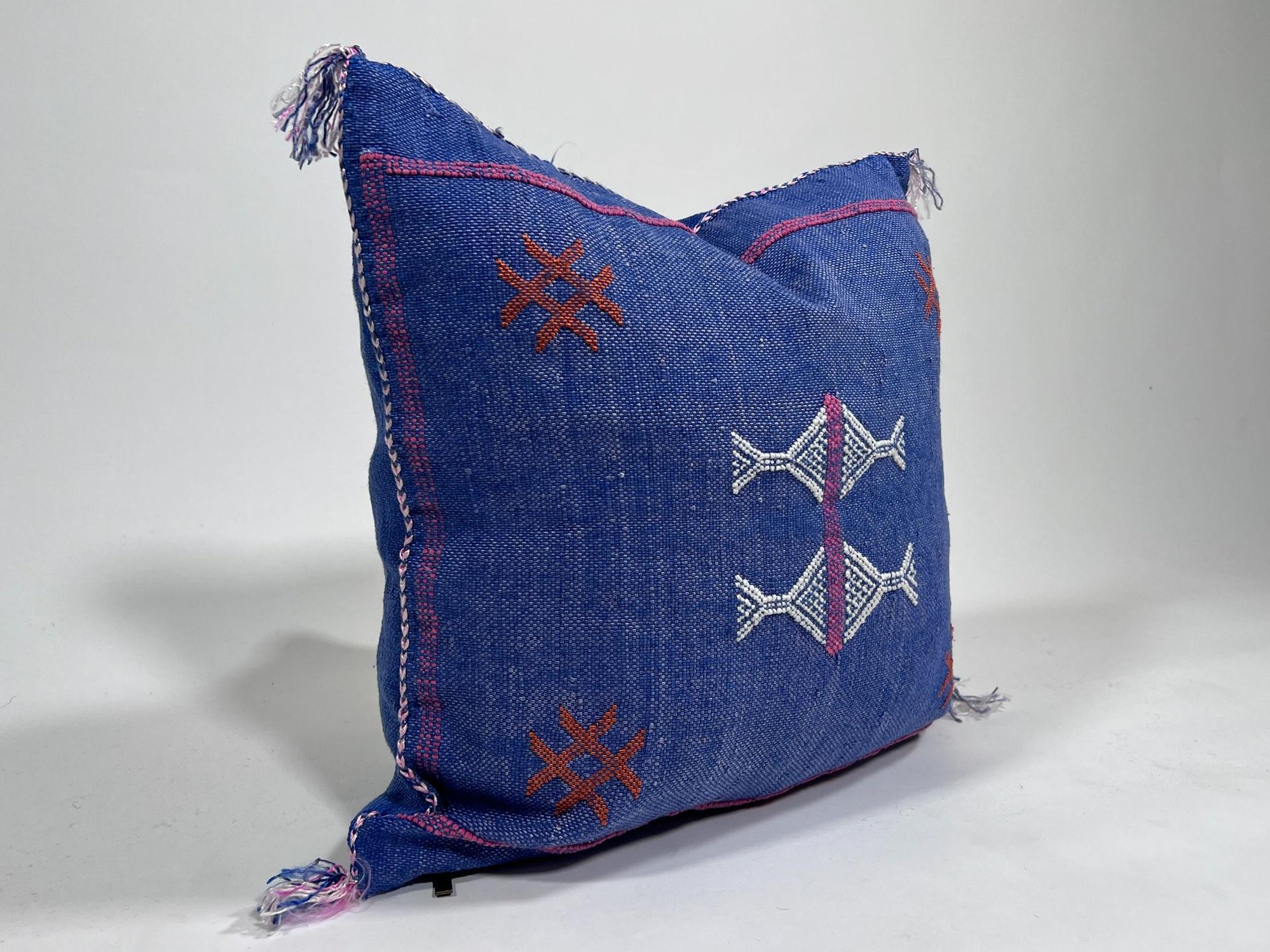 Handmade Blue Moroccan Silk Pillow Cover, Pink White Tribal Embroidery, Boho Cactus Sabra Silk Cushion, C - product image 3