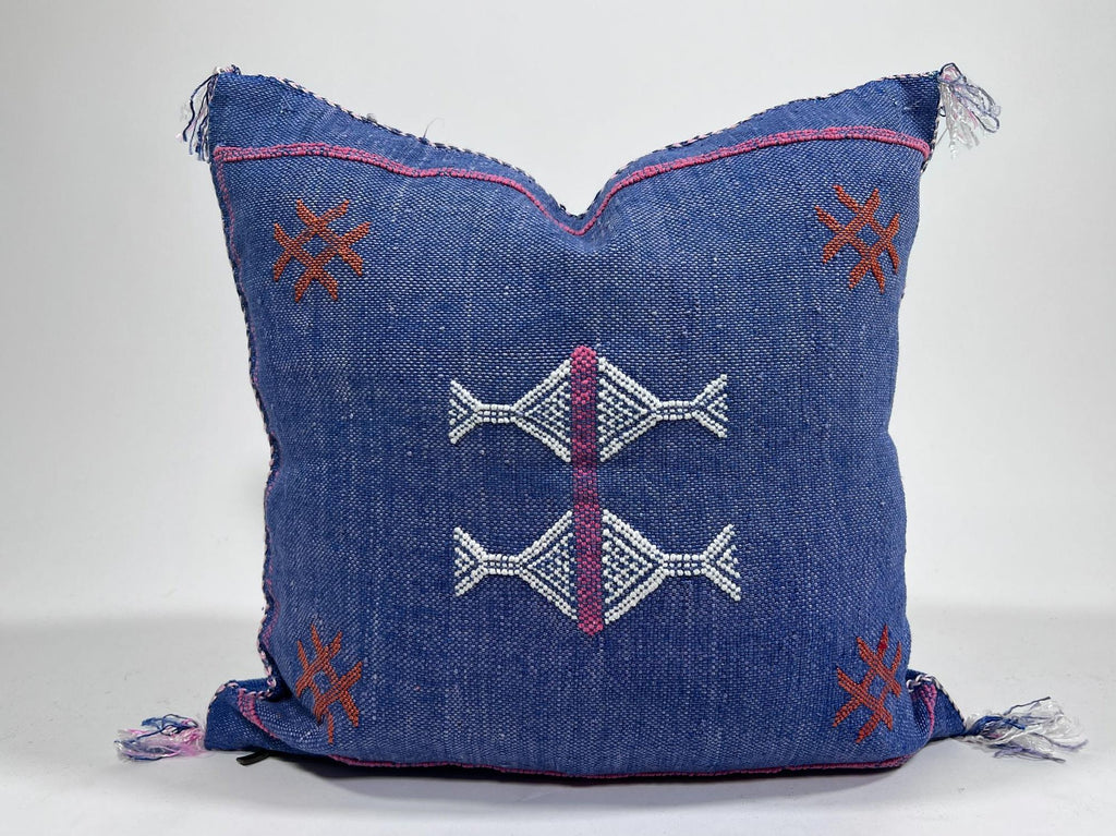 Handmade Blue Moroccan Silk Pillow Cover, Pink White Tribal Embroidery, Boho Cactus Sabra Silk Cushion, C - product image 2