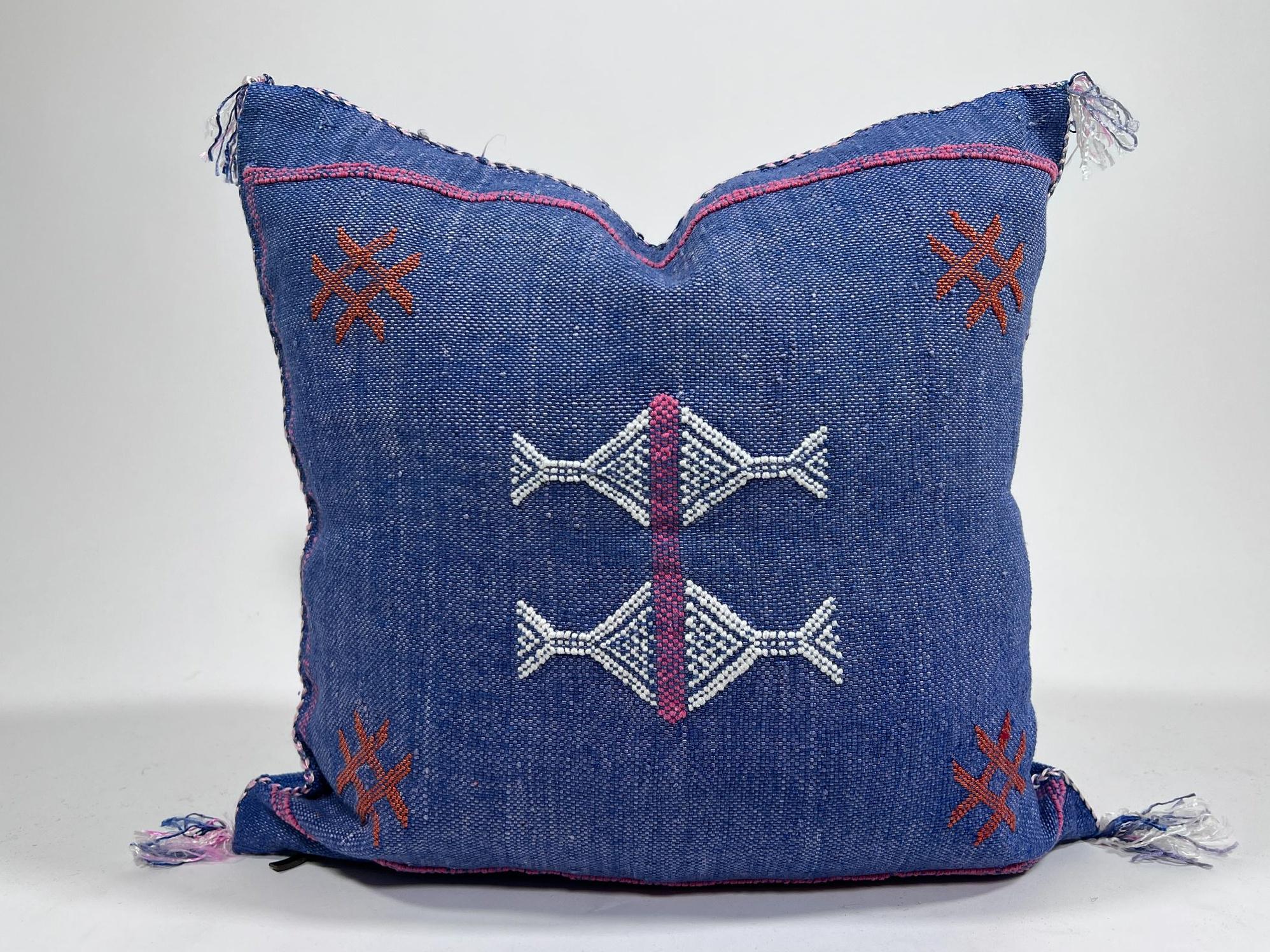 Handmade Blue Moroccan Silk Pillow Cover, Pink White Tribal Embroidery, Boho Cactus Sabra Silk Cushion, C - product image 2