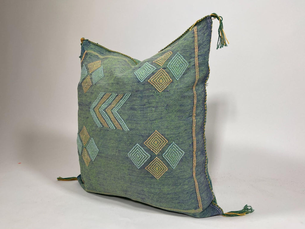Moroccan Silk Pillow Cover, Handmade Green Boho Cactus Silk Cushion with Gold Diamond Embroidery, Custom - product image 4