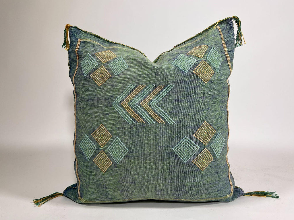 Moroccan Silk Pillow Cover, Handmade Green Boho Cactus Silk Cushion with Gold Diamond Embroidery, Custom - product image 2