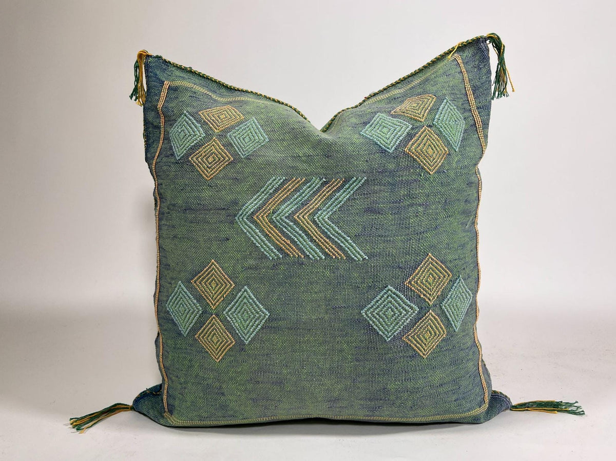 Moroccan Silk Pillow Cover, Handmade Green Boho Cactus Silk Cushion with Gold Diamond Embroidery, Custom - product image 2