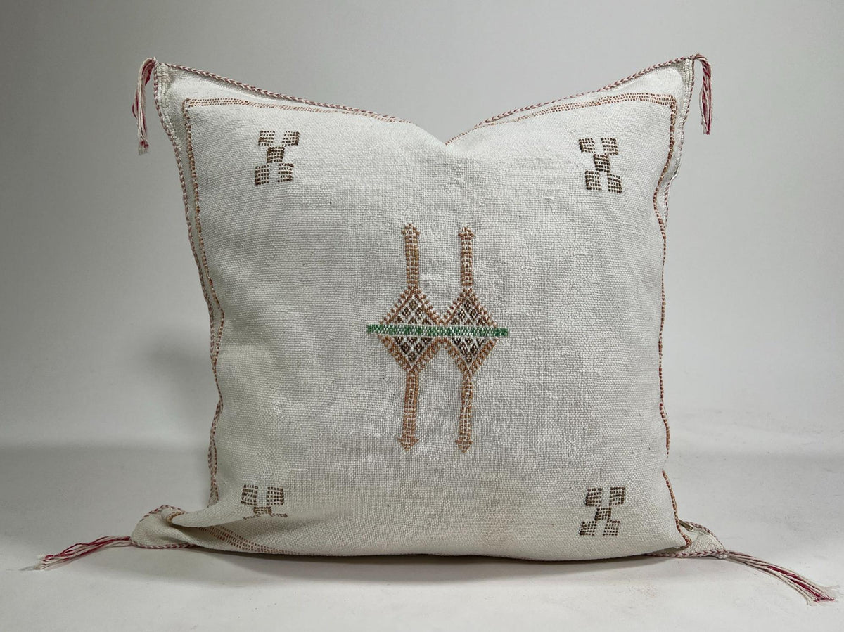Moroccan Silk Pillow Cover, Ivory Cream Beige Embroidered Pillowcase, Neutral Boho Tribal Geometric Cushi - product image 2