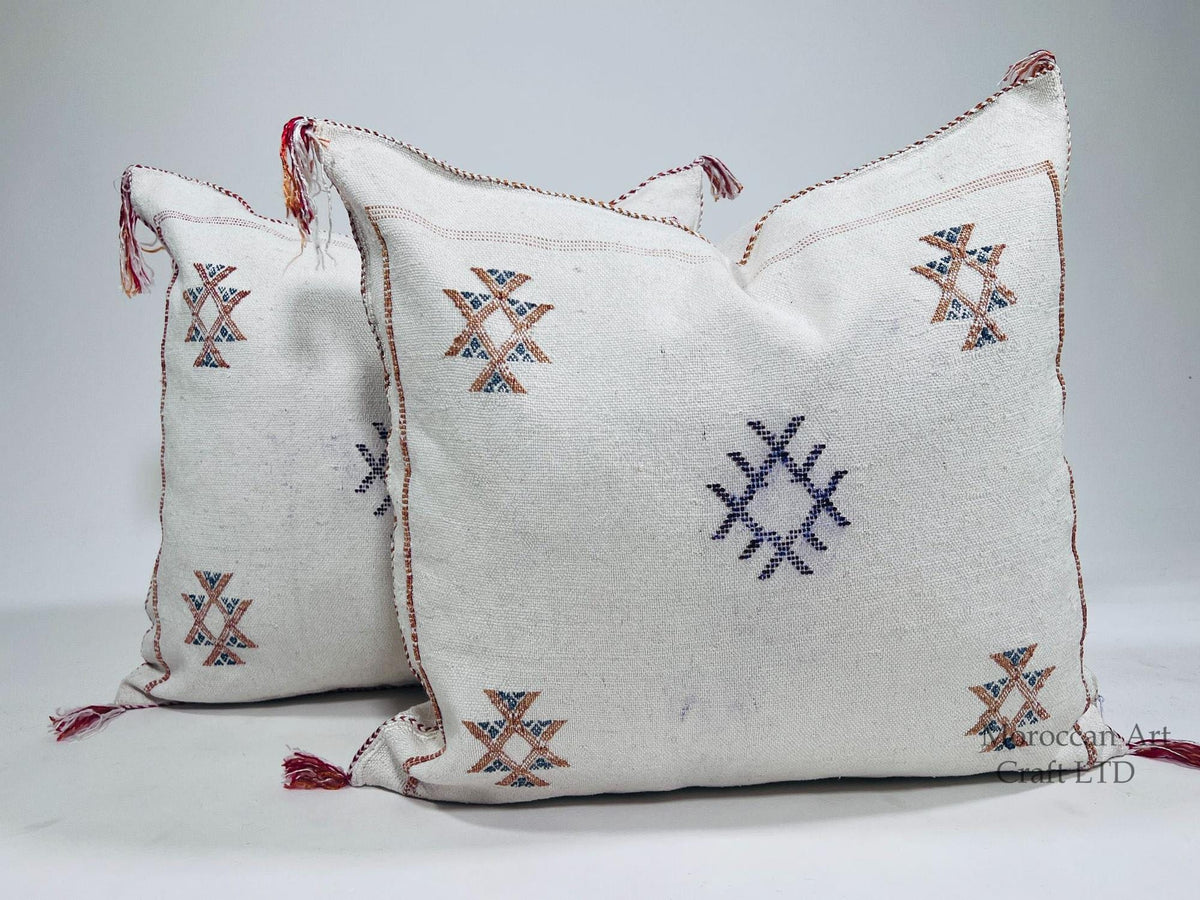 Boho Moroccan Silk Pillow Cover, Cream Ivory Beige Embroidery, Taupe Gold Geometric Tribal Pillowcase for - product image 1