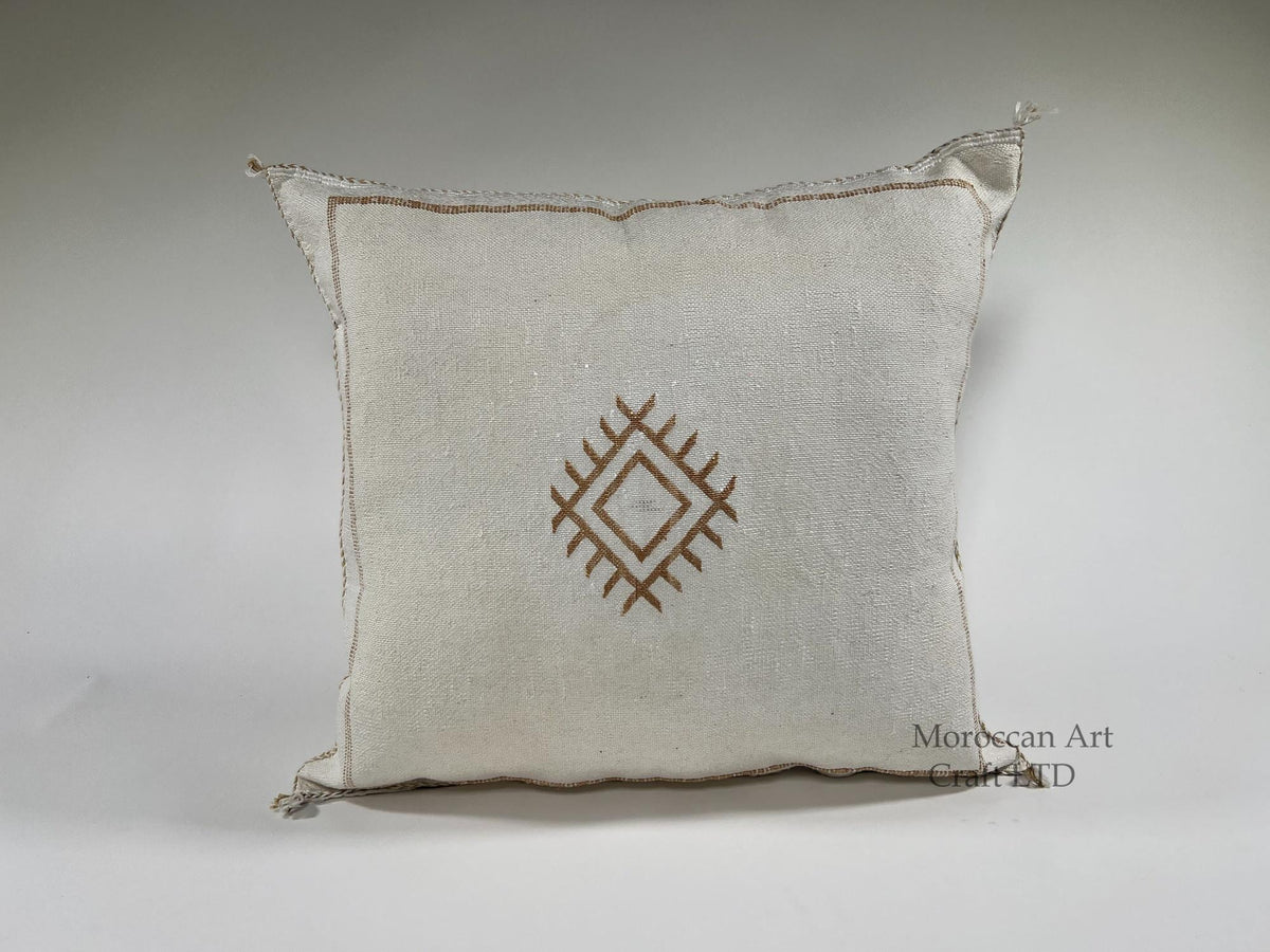 Handmade Silk Moroccan Pillow Cover, Cream Ivory Beige Tribal Embroidery, Neutral Boho Geometric Cushion - product image 1