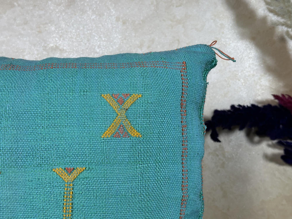 Teal Moroccan Cactus Silk Pillow Cover, Handmade Berber Kilim Cushion, Boho Embroidered Pillow Sham, Luxu - product image 2