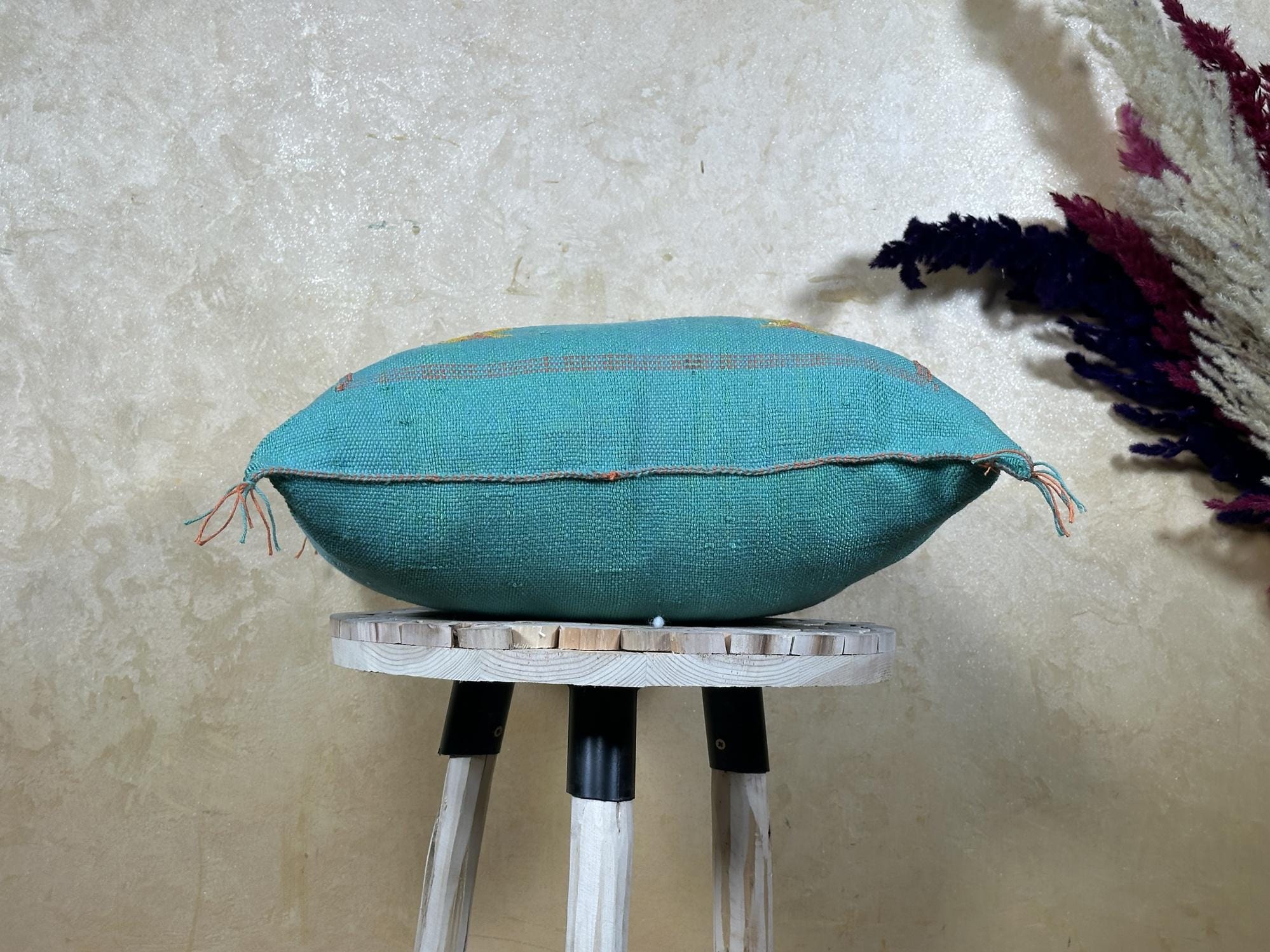 Teal Moroccan Cactus Silk Pillow Cover, Handmade Berber Kilim Cushion, Boho Embroidered Pillow Sham, Luxu - product image 6