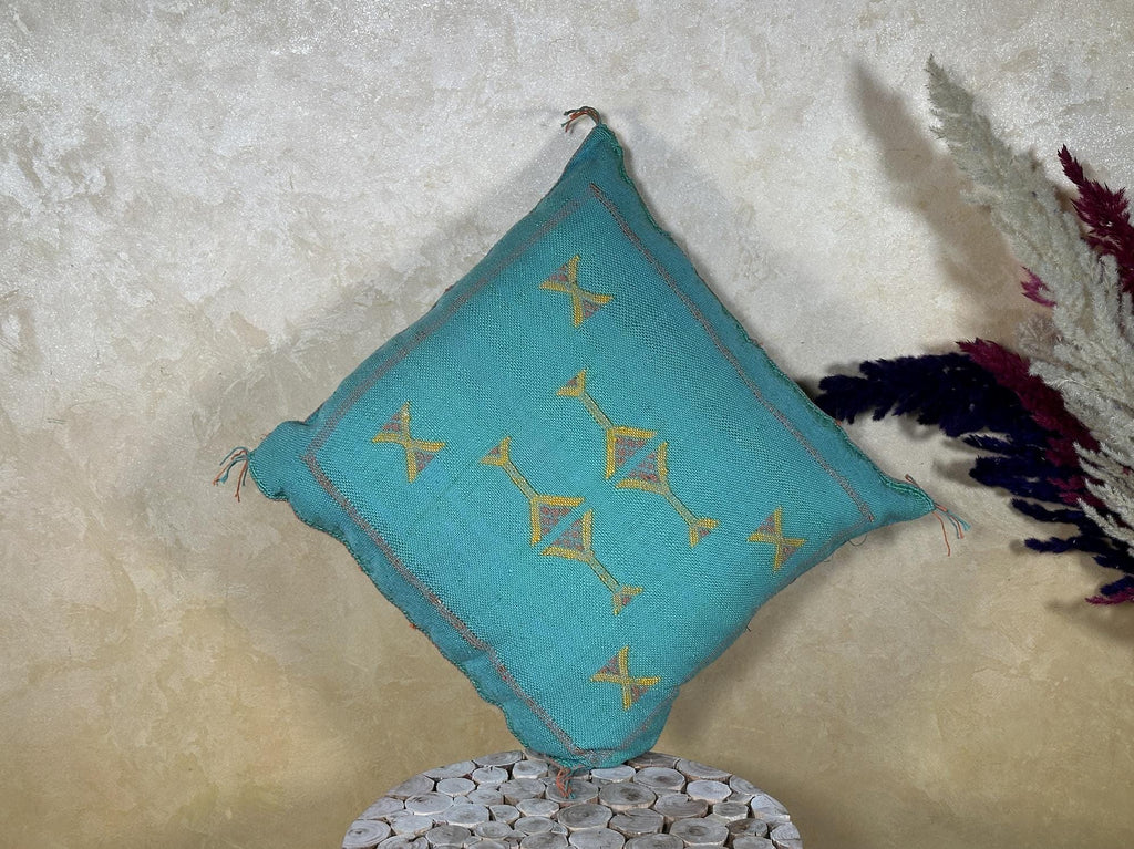 Teal Moroccan Cactus Silk Pillow Cover, Handmade Berber Kilim Cushion, Boho Embroidered Pillow Sham, Luxu - product image 9