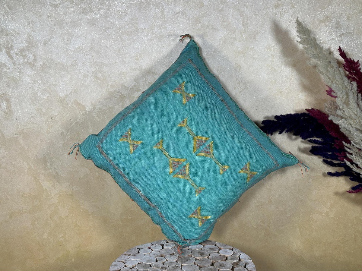 Teal Moroccan Cactus Silk Pillow Cover, Handmade Berber Kilim Cushion, Boho Embroidered Pillow Sham, Luxu - product image 9