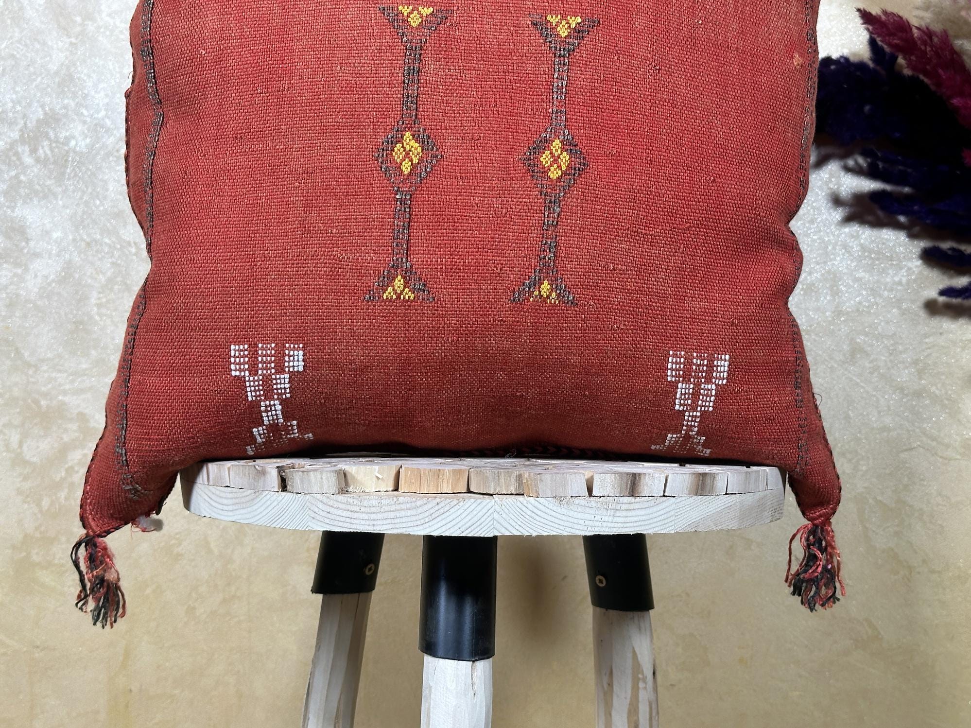 Terracotta Sabra Silk Pillow Cover, Moroccan Boujad Boho Cushion, Handmade Embroidered Sofa Pillow With T - product image 2