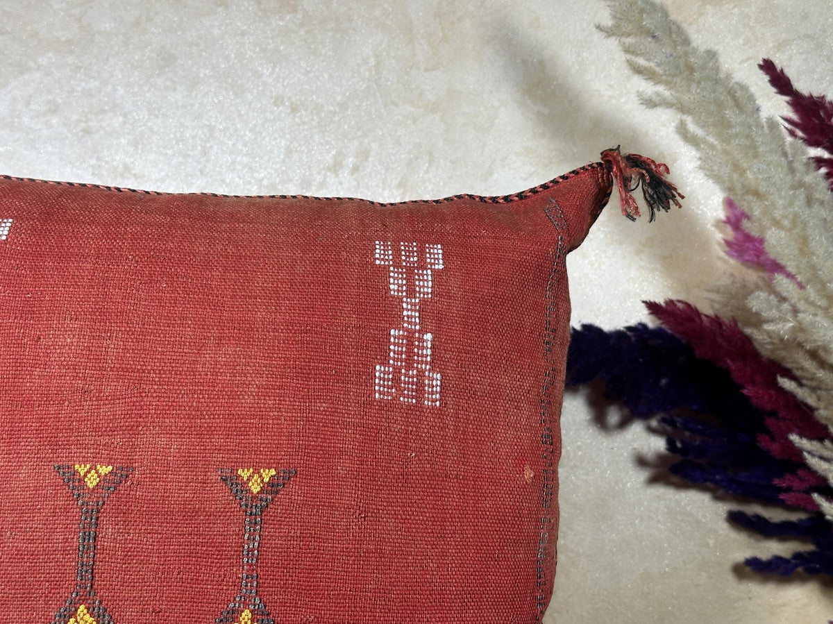 Terracotta Sabra Silk Pillow Cover, Moroccan Boujad Boho Cushion, Handmade Embroidered Sofa Pillow With T - product image 3